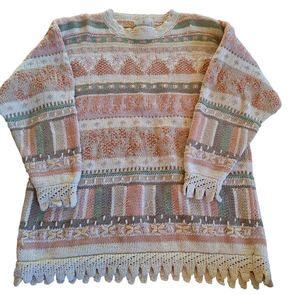 Express‎ Tricot Vtg Hand Knit Chunky Pastel Cottage Grandma Scallop Sweater S